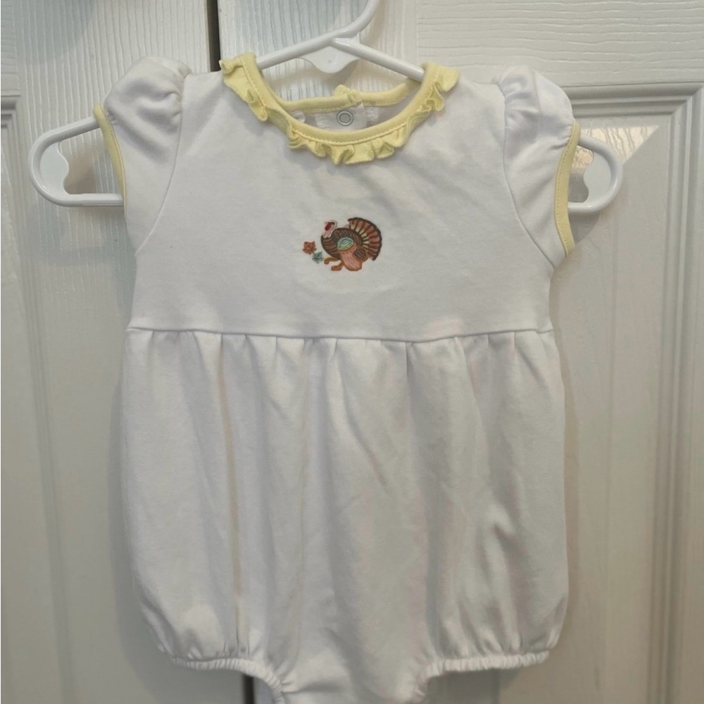 White Baby Romper with Yellow Trim and Turkey Embroidery